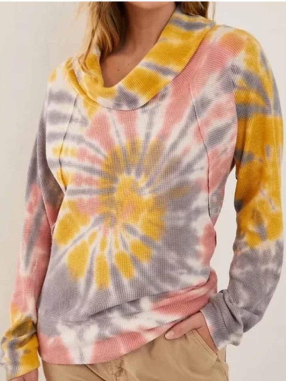 Anthropologie Pilcro Angie Tie Dye Waffle Knit Cowl Neck Pullover in Women's 2X